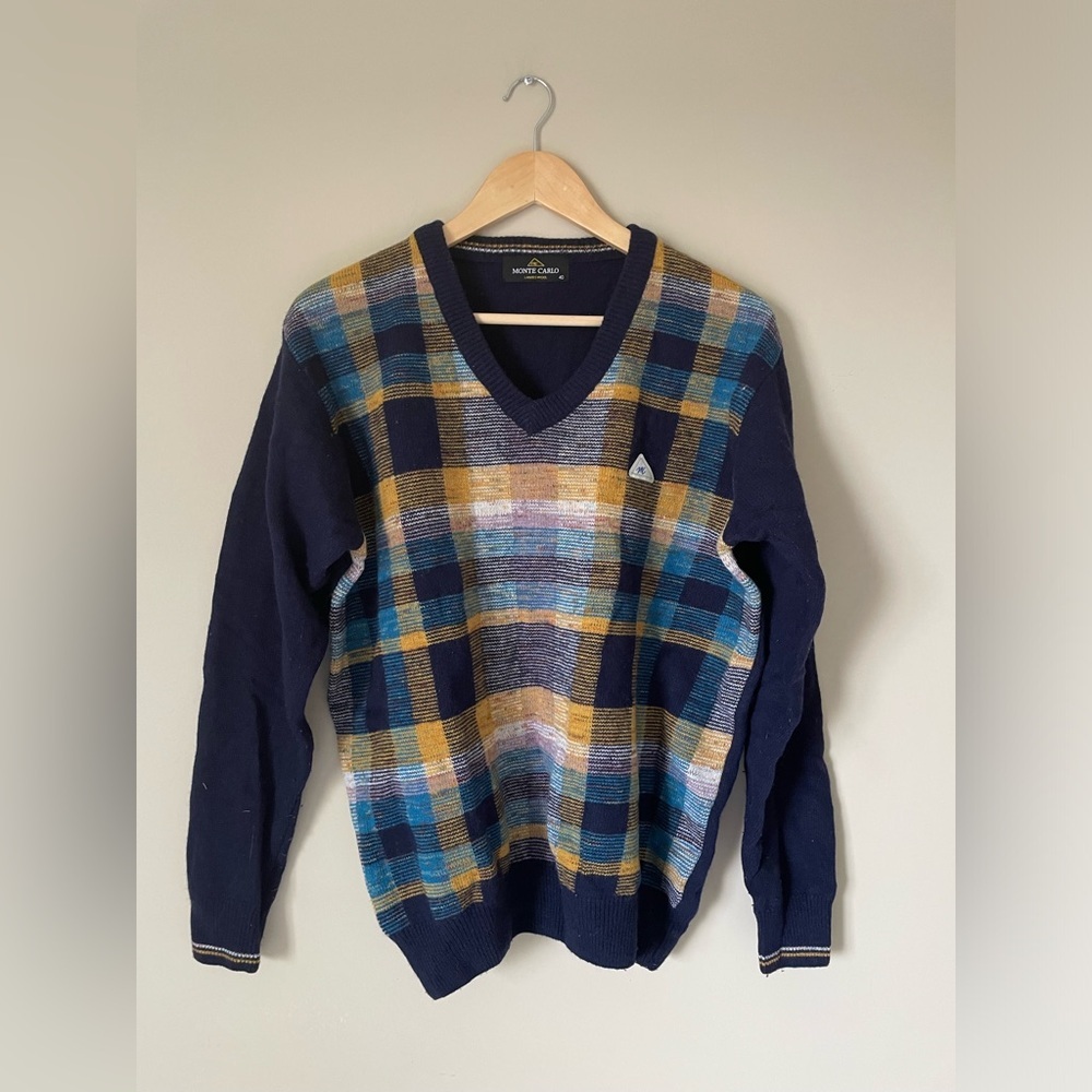 Vintage Monte Carlo Lambs wool plaid sweater NWOT size40 old money